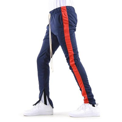 navy and red track pants