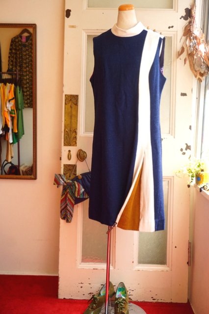 Usa Vintage Navy White Brown 1960 S Dress ヴィンテージワンピース 60年代 リネン アンティーク 古着 雑貨の店 かるた