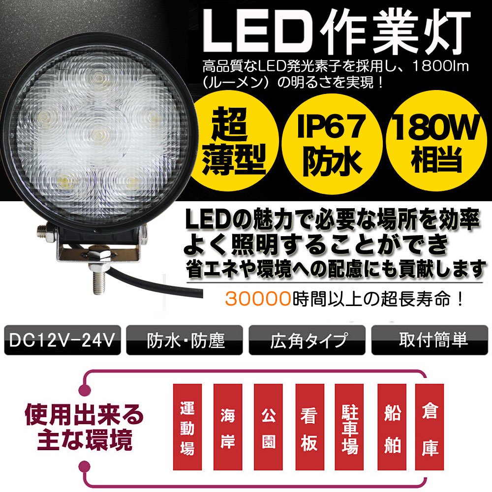 グッド・グッズ LED作業灯 18W 超薄型 LEDワークライト DC12V～24V対応 1800LM IP67防水 60°照射 トラック