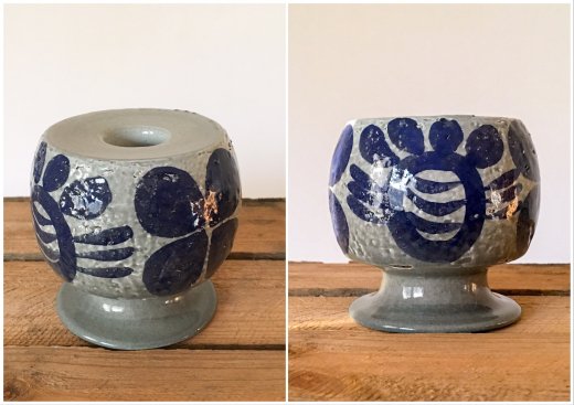 北欧 陶器のキャンドルホルダー（グレー&紺色） / スウェーデン