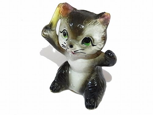 指揮者 猫 陶器 置物【1950年代】 日本製 ビンテージ 陶製 ドール ネコ