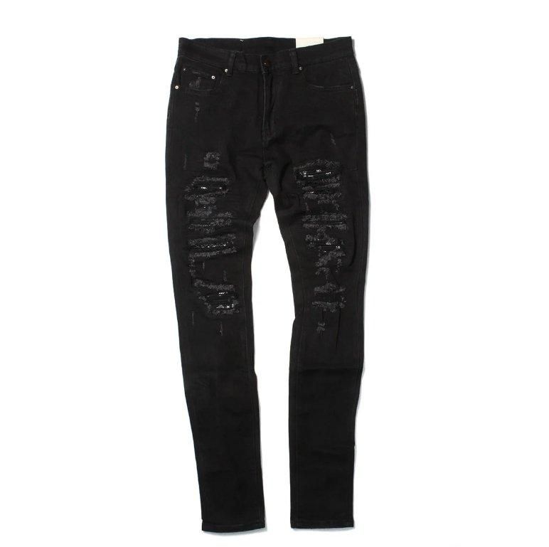mnml スキニーデニム ダメージ加工 x165 mnml】X165 Paisley Stretch Denim Black/Black