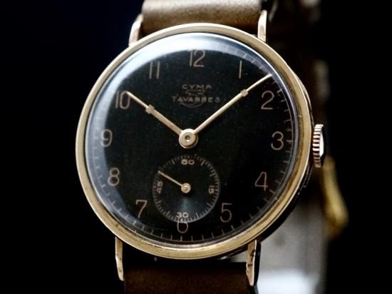 CYMA TAVANNES / 9KYG CYLINDER CASE, BLACK GILT DIAL 1939