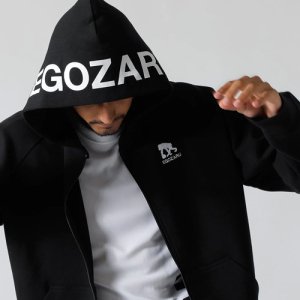 【人気のフードロゴ】EGOZARU(エゴザル) HoodLogo ZipUp Sweat Parker(フードロゴジップアップスウェットパーカー)　黒