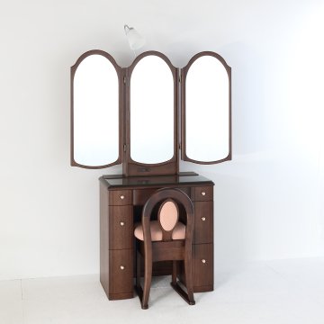 ビーナス本三面鏡（アンティークウォールナット）アームランプドレッサー　収納椅子付き