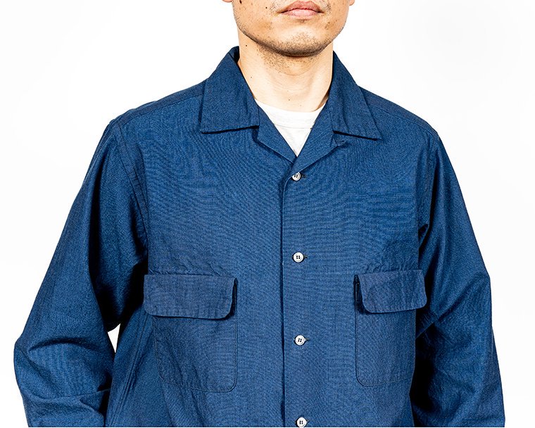 ワーカーズ WORKERS K&T H オープンカラーシャツ Open Collar Shirt, Indigo Beta Chambray