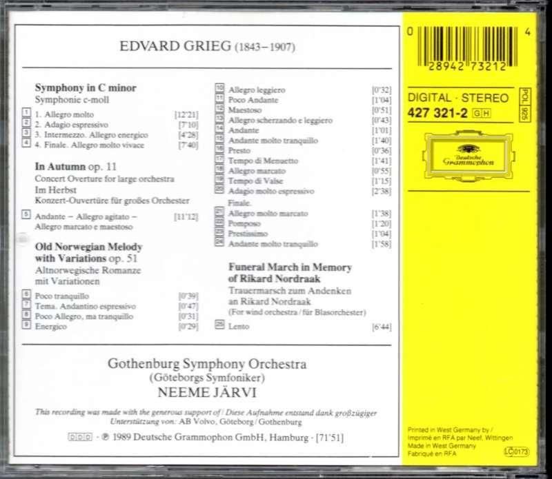 サブ画像1:グリーグ:交響曲,秋に 他 Nヤルヴィ=エーテボリso (DG)
ジャケット写真 サブ画像1:グリーグ:交響曲,秋に 他 Nヤルヴィ=エーテボリso (DG)
ジャケット写真