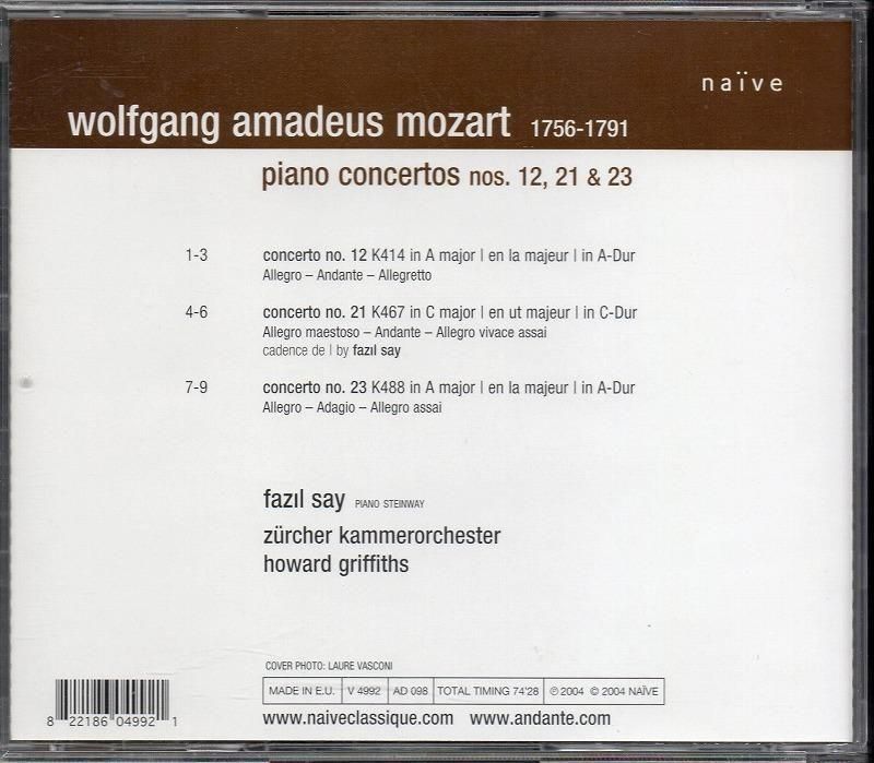 サブ画像1:モーツァルト:ピアノ協奏曲第12, 21, 23番 サイ(p) グリフィス=ZKO (V4992)ジャケット写真 サブ画像1:モーツァルト:ピアノ協奏曲第12, 21, 23番 サイ(p) グリフィス=ZKO (V4992)ジャケット写真