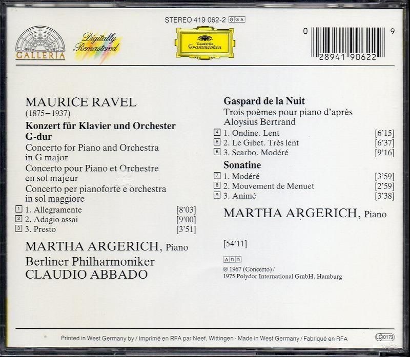 サブ画像1:ラヴェル:ピアノ協奏曲,夜のガスパール,ソナチネ アルゲリッチ(p) アバド=BP (DG)ジャケット写真 サブ画像1:ラヴェル:ピアノ協奏曲,夜のガスパール,ソナチネ アルゲリッチ(p) アバド=BP (DG)ジャケット写真