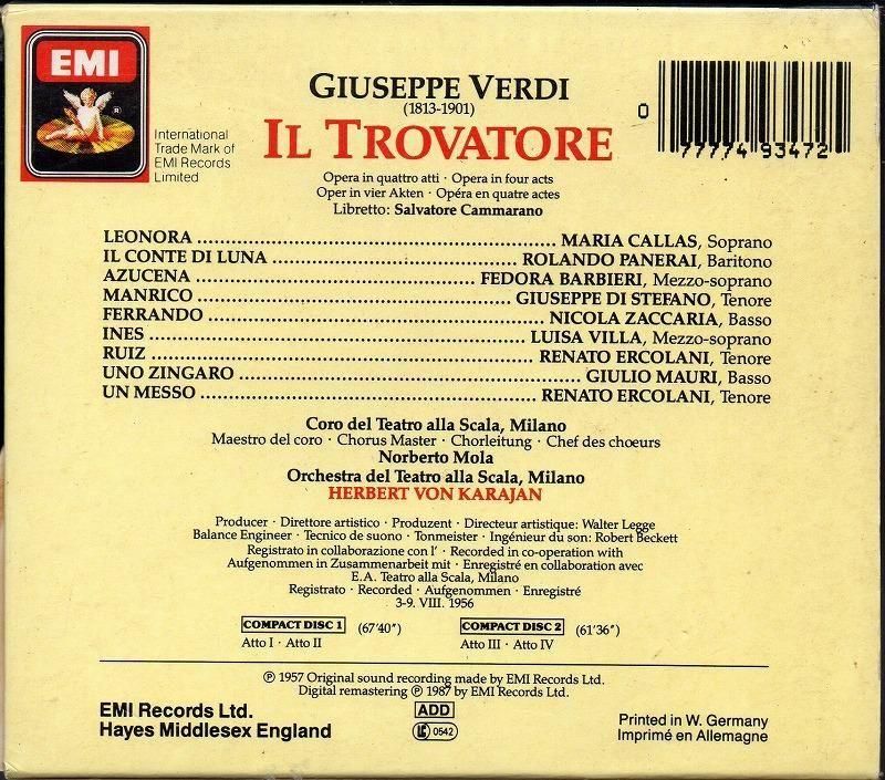 サブ画像1:▽ヴェルディ:トロヴァトーレ カラヤン=スカラ;カラス(S) 他 (CDS7493472・2CD)ジャケット写真 サブ画像1:▽ヴェルディ:トロヴァトーレ カラヤン=スカラ;カラス(S) 他 (CDS7493472・2CD)ジャケット写真