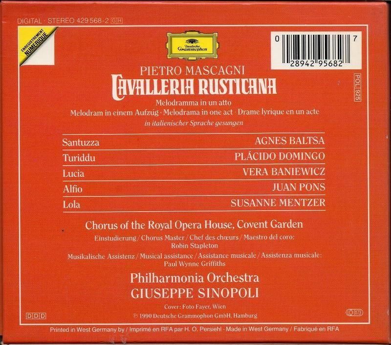 サブ画像1:マスカーニ:カヴァレリア・ルスティカーナ シノーポリ=PO; バルツァ(MS) 他 (DG)ジャケット写真 サブ画像1:マスカーニ:カヴァレリア・ルスティカーナ シノーポリ=PO; バルツァ(MS) 他 (DG)ジャケット写真