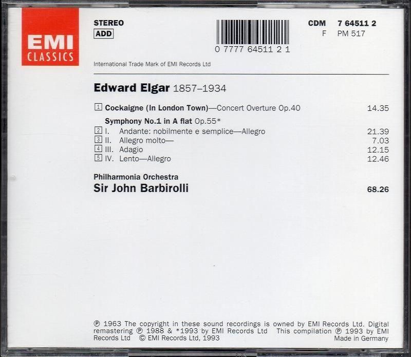 サブ画像1:エルガー:交響曲第1番,コケイン バルビローリ=PO (CDM7645112)ジャケット写真 サブ画像1:エルガー:交響曲第1番,コケイン バルビローリ=PO (CDM7645112)ジャケット写真
