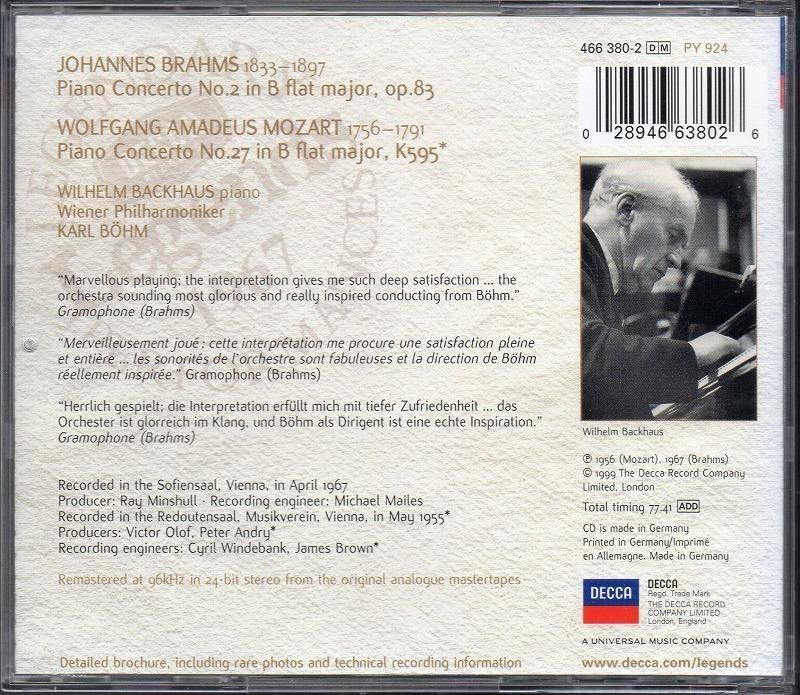ブラームス：ピアノ協奏曲第2番，モーツァルト：p協27番 バック