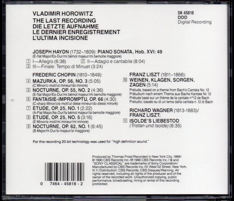サブ画像1:ホロヴィッツ(p) <ラスト・レコーディング> ハイドン, ショパン, リスト (SK45818)ジャケット写真 サブ画像1:ホロヴィッツ(p) <ラスト・レコーディング> ハイドン, ショパン, リスト (SK45818)ジャケット写真