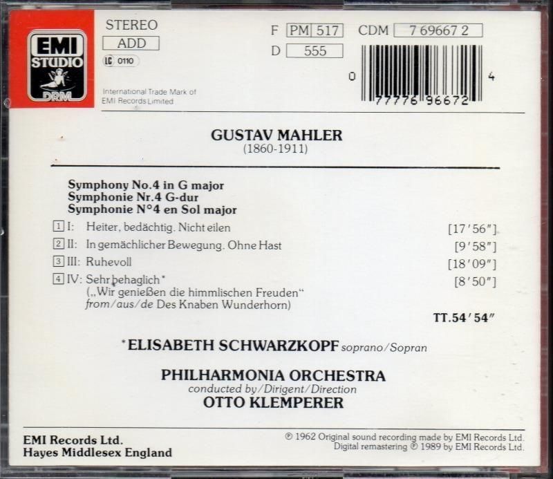 サブ画像1:マーラー:交響曲第4番 クレンペラー=PO,シュヴァルツコップ(S) (CDM7696672)ジャケット写真 サブ画像1:マーラー:交響曲第4番 クレンペラー=PO,シュヴァルツコップ(S) (CDM7696672)ジャケット写真