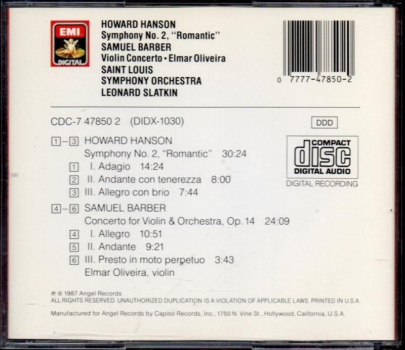 サブ画像1:ハンソン:交響曲第2番,バーバー:vn協奏曲 スラットキン=SLSO,オリヴェイラ(vn)(CDC747850)ジャケット写真 サブ画像1:ハンソン:交響曲第2番,バーバー:vn協奏曲 スラットキン=SLSO,オリヴェイラ(vn)(CDC747850)ジャケット写真