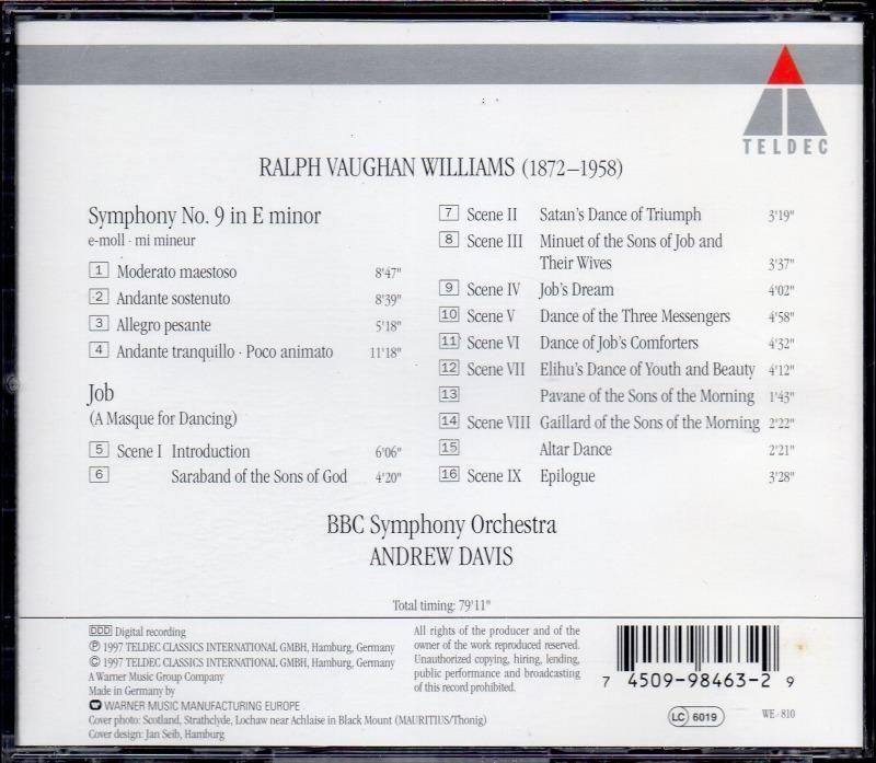 サブ画像1:Vウィリアムズ:交響曲第9番,ヨブ Aデイヴィス=BBCso (TELDEC)ジャケット写真 サブ画像1:Vウィリアムズ:交響曲第9番,ヨブ Aデイヴィス=BBCso (TELDEC)ジャケット写真