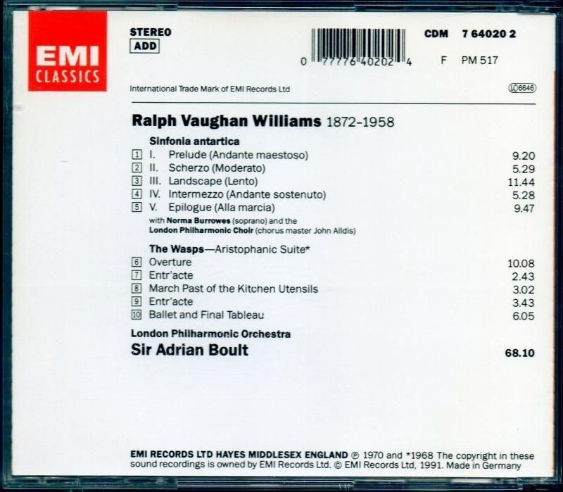 サブ画像1:Vウィリアムズ:南極交響曲,すずめばち ボールト=LPO,Nバロウズ(S) (CDM7640202)ジャケット写真 サブ画像1:Vウィリアムズ:南極交響曲,すずめばち ボールト=LPO,Nバロウズ(S) (CDM7640202)ジャケット写真