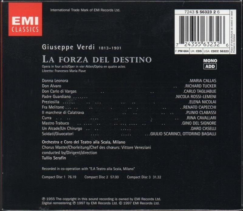 サブ画像1:▽ヴェルディ:運命の力 セラフィン=スカラ; カラス(S) 他 (EMI・3CD)ジャケット写真 サブ画像1:▽ヴェルディ:運命の力 セラフィン=スカラ; カラス(S) 他 (EMI・3CD)ジャケット写真