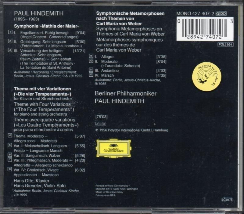 サブ画像1:ヒンデミット:画家マティス,四つの気質,交響的変容 ヒンデミット=BP 他 (DG)ジャケット写真 サブ画像1:ヒンデミット:画家マティス,四つの気質,交響的変容 ヒンデミット=BP 他 (DG)ジャケット写真