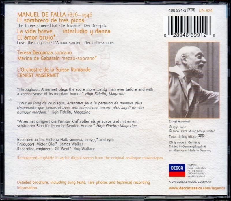 ファリャ：三角帽子，恋は魔術師 他 アンセルメ＝OSR