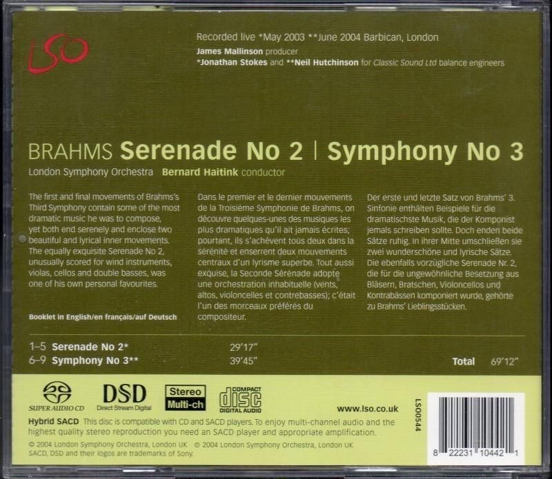 サブ画像1:{SACD-HYBR} ブラームス:交響曲第3番,セレナード第2番 ハイティンク=LSO /L (LSO0544)ジャケット写真 サブ画像1:{SACD-HYBR} ブラームス:交響曲第3番,セレナード第2番 ハイティンク=LSO /L (LSO0544)ジャケット写真