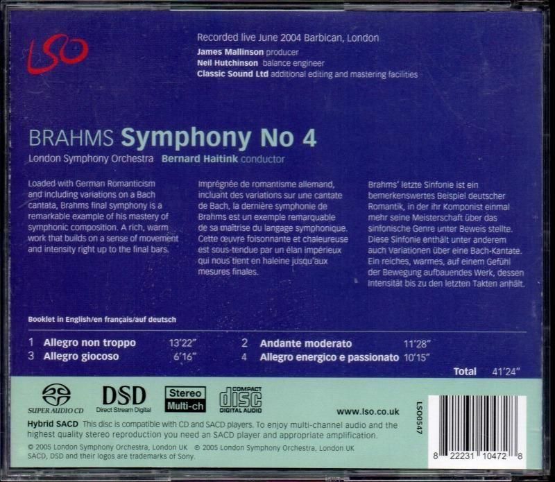 サブ画像1:{SACD-HYBR} ブラームス:交響曲第4番 ハイティンク=LSO /L (LSO0547)ジャケット写真 サブ画像1:{SACD-HYBR} ブラームス:交響曲第4番 ハイティンク=LSO /L (LSO0547)ジャケット写真