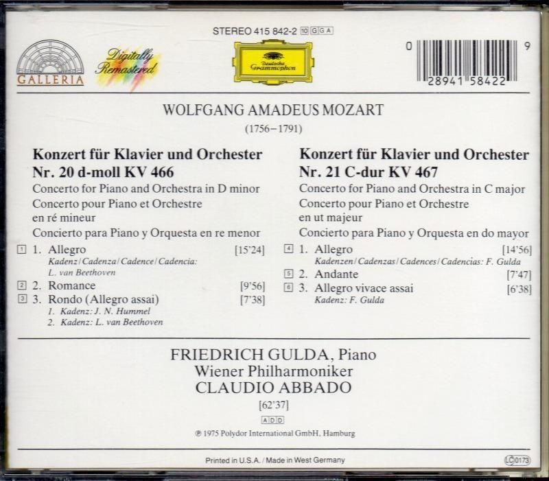 サブ画像1:モーツァルト:ピアノ協奏曲第20,21番 グルダ(p) アバド=WP (DG)ジャケット写真 サブ画像1:モーツァルト:ピアノ協奏曲第20,21番 グルダ(p) アバド=WP (DG)ジャケット写真