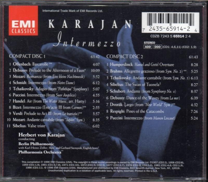 サブ画像1:カラヤン <インテルメッツォ> 管弦楽小品集 (20曲) BP, PO (EMI・2CD)ジャケット写真 サブ画像1:カラヤン <インテルメッツォ> 管弦楽小品集 (20曲) BP, PO (EMI・2CD)ジャケット写真