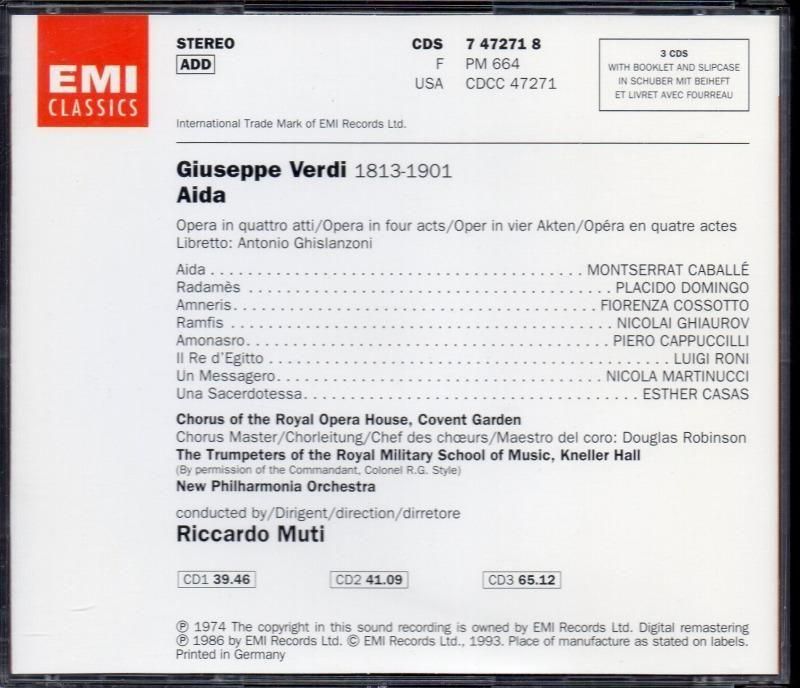 サブ画像1:▽ヴェルディ:アイーダ ムーティ=NPO; カバリエ(S) ドミンゴ(T) 他 (CDS7472718・3CD)ジャケット写真 サブ画像1:▽ヴェルディ:アイーダ ムーティ=NPO; カバリエ(S) ドミンゴ(T) 他 (CDS7472718・3CD)ジャケット写真