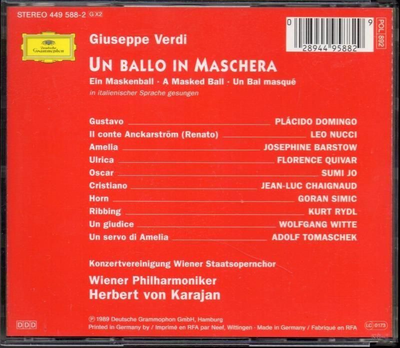 サブ画像1:ヴェルディ:仮面舞踏会 カラヤン=WP;ドミンゴ(T) バーストウ(S) 他 (DG・2CD)ジャケット写真 サブ画像1:ヴェルディ:仮面舞踏会 カラヤン=WP;ドミンゴ(T) バーストウ(S) 他 (DG・2CD)ジャケット写真