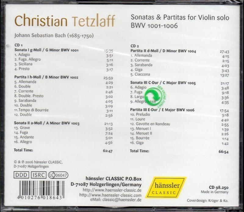 サブ画像1:バッハ:無伴奏vnソナタとパルティータ全曲 テツラフ(vn) (HAENSSLER・2CD)未開封ジャケット写真 サブ画像1:バッハ:無伴奏vnソナタとパルティータ全曲 テツラフ(vn) (HAENSSLER・2CD)未開封ジャケット写真