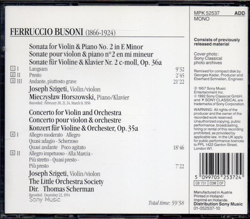 サブ画像1:ブゾーニ:ヴァイオリン・ソナタ第2番,vn協奏曲 シゲティ(vn) 他 (MPK52537)ジャケット写真 サブ画像1:ブゾーニ:ヴァイオリン・ソナタ第2番,vn協奏曲 シゲティ(vn) 他 (MPK52537)ジャケット写真