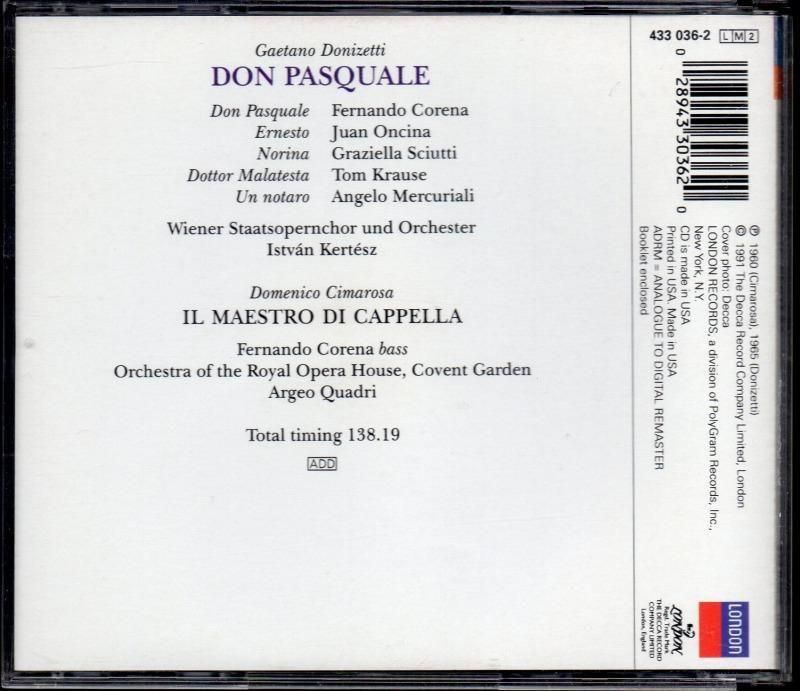 サブ画像1:ドニゼッティ:ドン・パスクワーレ,チマローザ:宮廷楽師長 ケルテス=WSOO; コレナ(Bs) 他 (DECCA・2CD)ジャケット写真 サブ画像1:ドニゼッティ:ドン・パスクワーレ,チマローザ:宮廷楽師長 ケルテス=WSOO; コレナ(Bs) 他 (DECCA・2CD)ジャケット写真