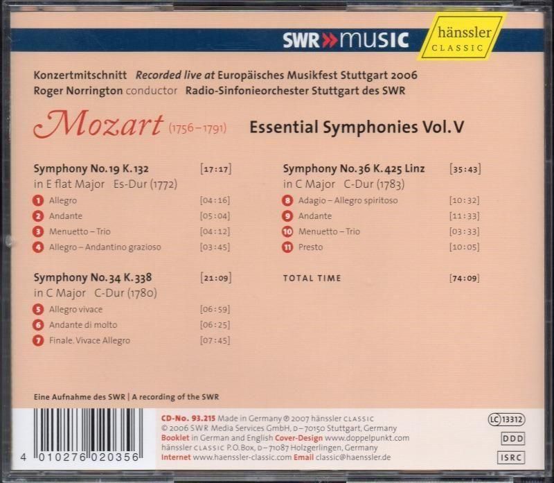 サブ画像1:モーツァルト:交響曲第19, 34, 36番 ノリントン=RSOS /L (HAENSSLER)*ジャケット写真 サブ画像1:モーツァルト:交響曲第19, 34, 36番 ノリントン=RSOS /L (HAENSSLER)*ジャケット写真