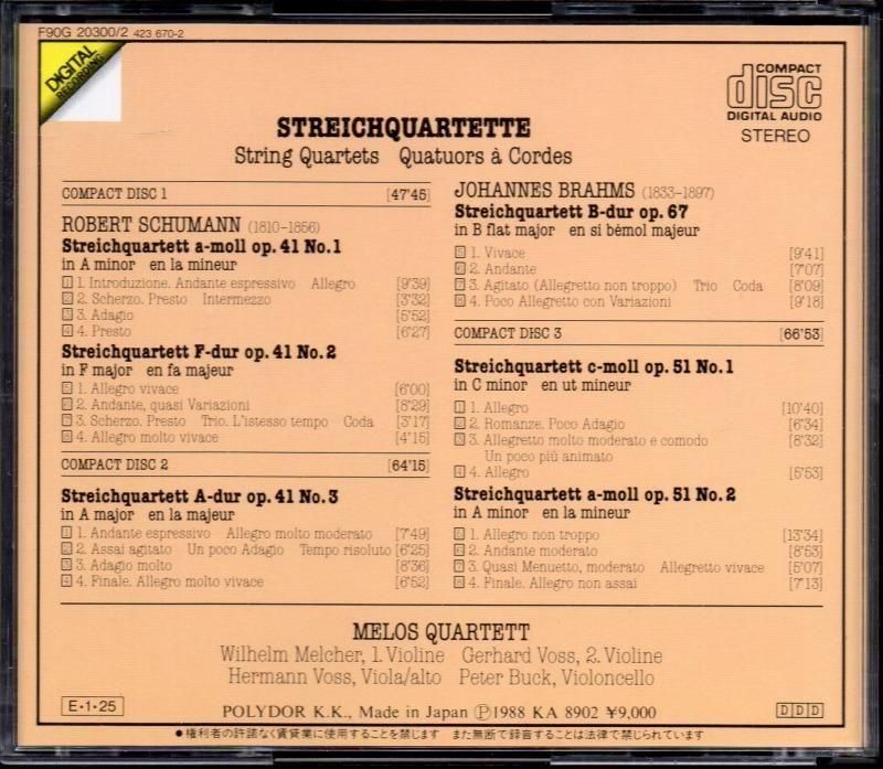 サブ画像1:シューマン,ブラームス:弦楽四重奏曲集 メロスQ (F90G20300・3CD)ジャケット写真 サブ画像1:シューマン,ブラームス:弦楽四重奏曲集 メロスQ (F90G20300・3CD)ジャケット写真