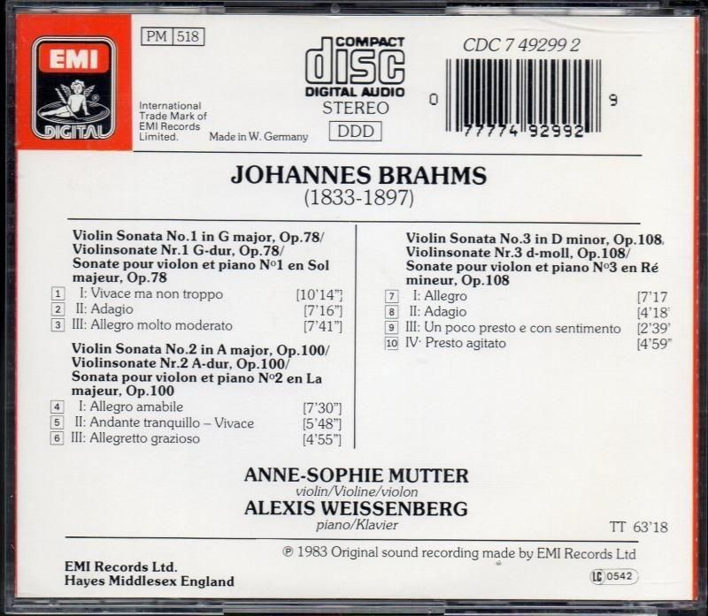 サブ画像1:ブラームス:ヴァイオリン・ソナタ集 ムター(vn) ワイセンベルク(p) (CDC7492992)ジャケット写真 サブ画像1:ブラームス:ヴァイオリン・ソナタ集 ムター(vn) ワイセンベルク(p) (CDC7492992)ジャケット写真