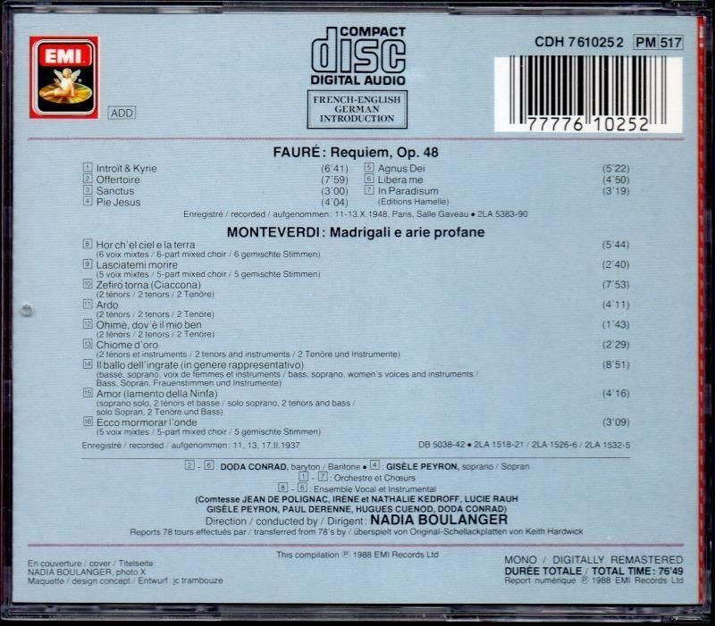 サブ画像1:フォーレ:レクイエム,モンテヴェルディ:マドリガーレ 他 Nブーランジェ指揮 (CDH7610252)ジャケット写真 サブ画像1:フォーレ:レクイエム,モンテヴェルディ:マドリガーレ 他 Nブーランジェ指揮 (CDH7610252)ジャケット写真