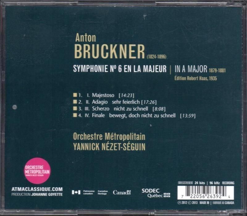 サブ画像1:ブルックナー:交響曲第6番 ネゼ=セガン=メトロポリタンo (ACD22639)ジャケット写真 サブ画像1:ブルックナー:交響曲第6番 ネゼ=セガン=メトロポリタンo (ACD22639)ジャケット写真