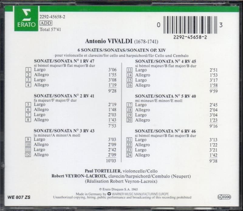 サブ画像1:ヴィヴァルディ:チェロ・ソナタ集 Op14 トルトゥリエ(vc) Vラクロワ(cemb) (ERATO)ジャケット写真 サブ画像1:ヴィヴァルディ:チェロ・ソナタ集 Op14 トルトゥリエ(vc) Vラクロワ(cemb) (ERATO)ジャケット写真