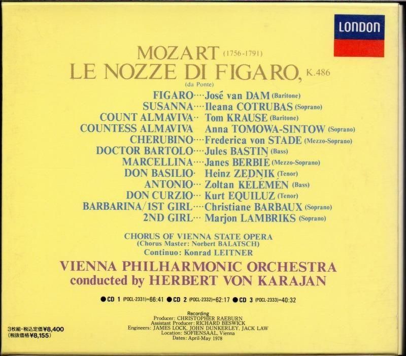 サブ画像1:▽モーツァルト:フィガロの結婚 カラヤン=WP; コトルバス(S) 他 (POCL2331・3CD)ジャケット写真 サブ画像1:▽モーツァルト:フィガロの結婚 カラヤン=WP; コトルバス(S) 他 (POCL2331・3CD)ジャケット写真