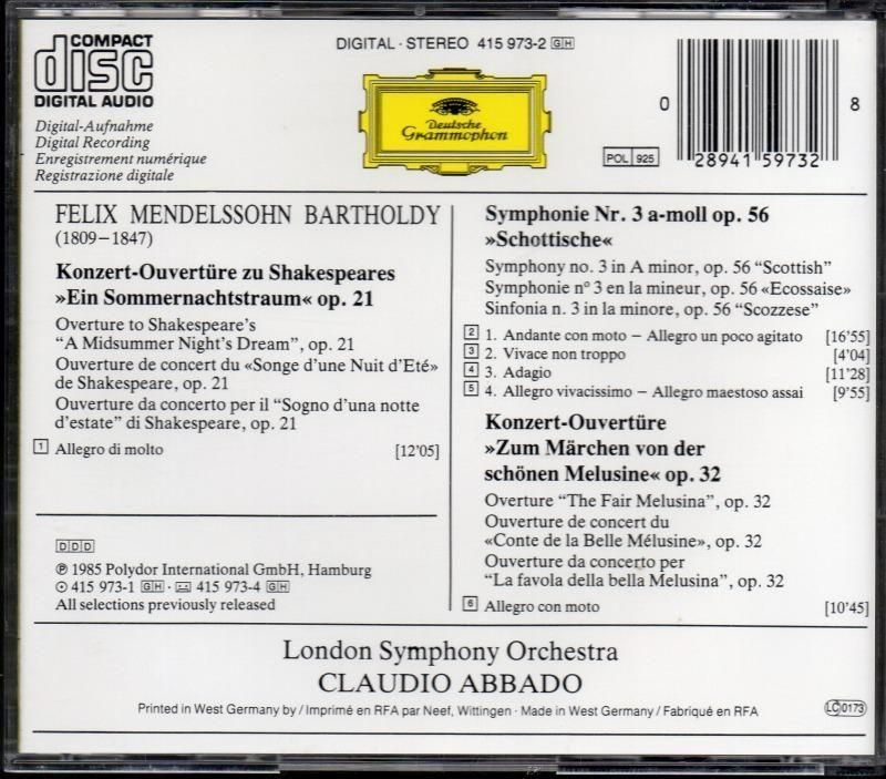 サブ画像1:メンデルスゾーン:交響曲第3番,序曲2曲 アバド=LSO (DG)ジャケット写真 サブ画像1:メンデルスゾーン:交響曲第3番,序曲2曲 アバド=LSO (DG)ジャケット写真