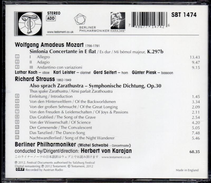 サブ画像1:Rシュトラウス:ツァラトゥストラ,モーツァルト:協奏交響曲 カラヤン=BP /L (SBT1474)ジャケット写真 サブ画像1:Rシュトラウス:ツァラトゥストラ,モーツァルト:協奏交響曲 カラヤン=BP /L (SBT1474)ジャケット写真