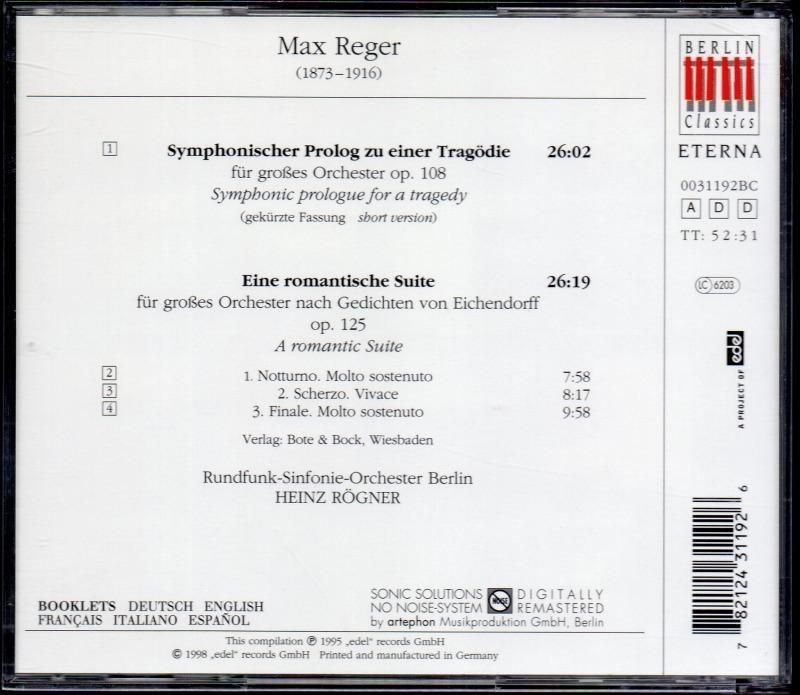 サブ画像1:レーガー:悲劇のための交響的プロローグ,ロマンティック組曲 レーグナー=RSOB (0031192BC)ジャケット写真 サブ画像1:レーガー:悲劇のための交響的プロローグ,ロマンティック組曲 レーグナー=RSOB (0031192BC)ジャケット写真