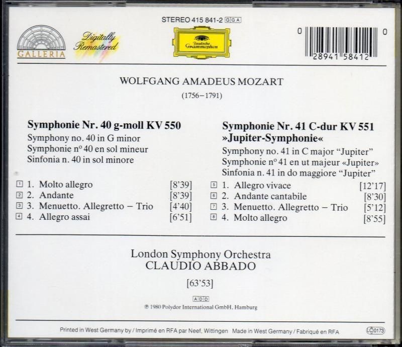 サブ画像1:モーツァルト:交響曲第40,41番 アバド=LSO (DG*4158412)ジャケット写真 サブ画像1:モーツァルト:交響曲第40,41番 アバド=LSO (DG*4158412)ジャケット写真