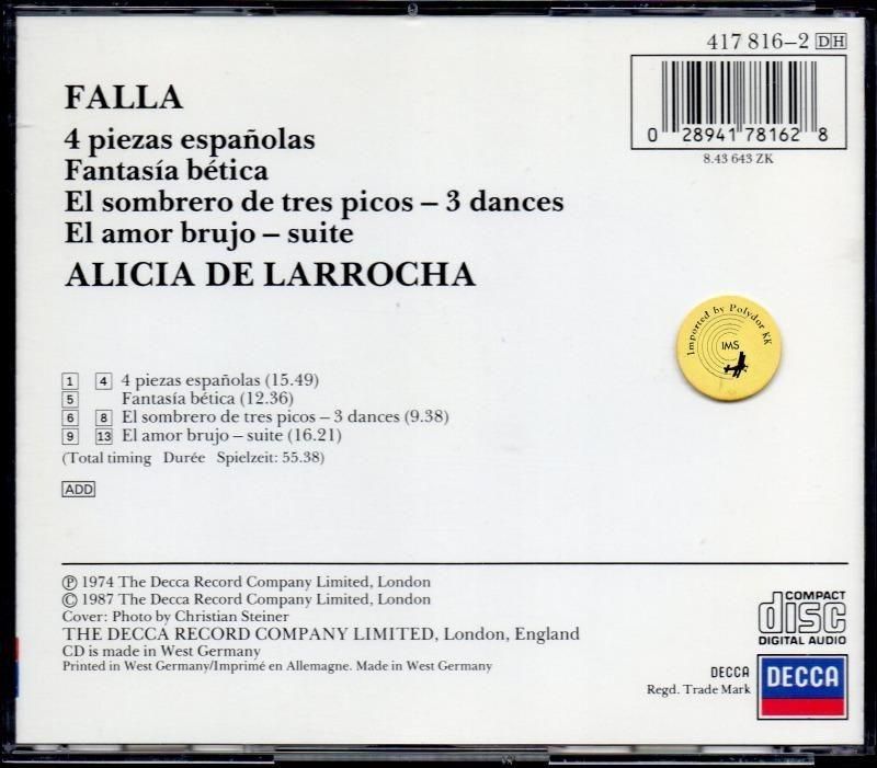サブ画像1:ファリャ:ピアノ作品集 (恋は魔術師 他) ラローチャ(p) (DECCA)ジャケット写真 サブ画像1:ファリャ:ピアノ作品集 (恋は魔術師 他) ラローチャ(p) (DECCA)ジャケット写真