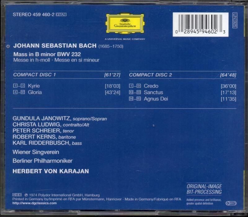 サブ画像1:バッハ:ミサ曲ロ短調 カラヤン=BP,ヤノヴィッツ(S) 他 (DG・2CD)ジャケット写真 サブ画像1:バッハ:ミサ曲ロ短調 カラヤン=BP,ヤノヴィッツ(S) 他 (DG・2CD)ジャケット写真