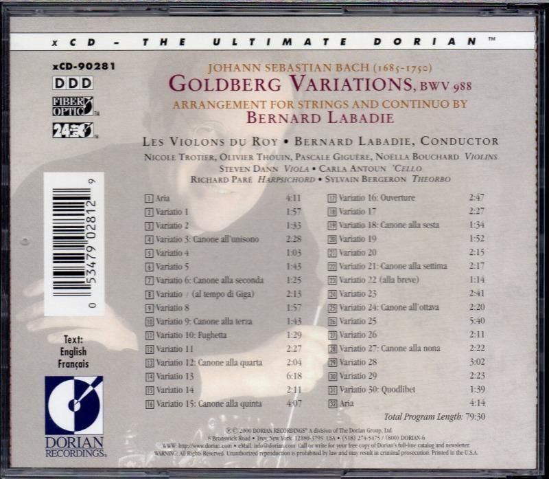 サブ画像1:バッハ (ラバディ編):ゴルトベルク変奏曲 (弦楽合奏版) ラバディ=レ・ヴィオロン・ドゥ・ロワ (DORIAN)ジャケット写真 サブ画像1:バッハ (ラバディ編):ゴルトベルク変奏曲 (弦楽合奏版) ラバディ=レ・ヴィオロン・ドゥ・ロワ (DORIAN)ジャケット写真