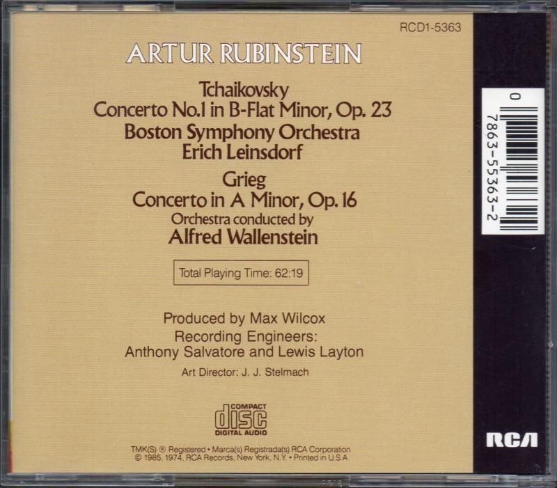 サブ画像1:チャイコフスキー (第1番),グリーグ:ピアノ協奏曲 ルービンシュタイン(p) /61, 63年 (RCD1-5363)ジャケット写真 サブ画像1:チャイコフスキー (第1番),グリーグ:ピアノ協奏曲 ルービンシュタイン(p) /61, 63年 (RCD1-5363)ジャケット写真