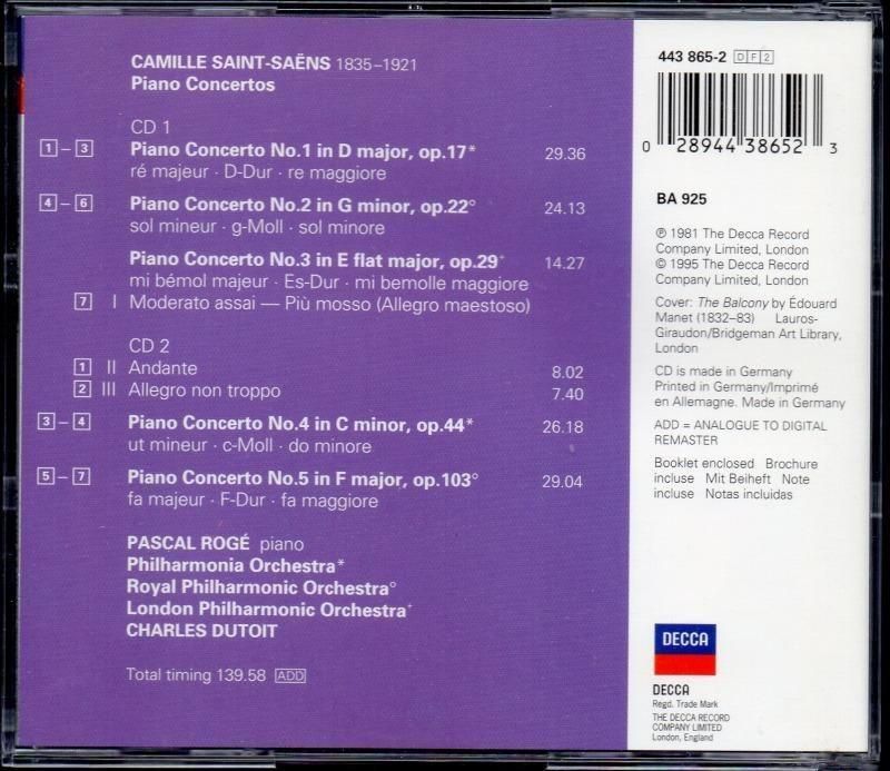 サブ画像1:サン=サーンス:ピアノ協奏曲全曲 ロジェ(p) デュトワ=PO 他 (DECCA・2CD)ジャケット写真 サブ画像1:サン=サーンス:ピアノ協奏曲全曲 ロジェ(p) デュトワ=PO 他 (DECCA・2CD)ジャケット写真